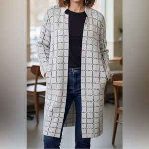 Elegant White and Grey Grid Long Cardigan